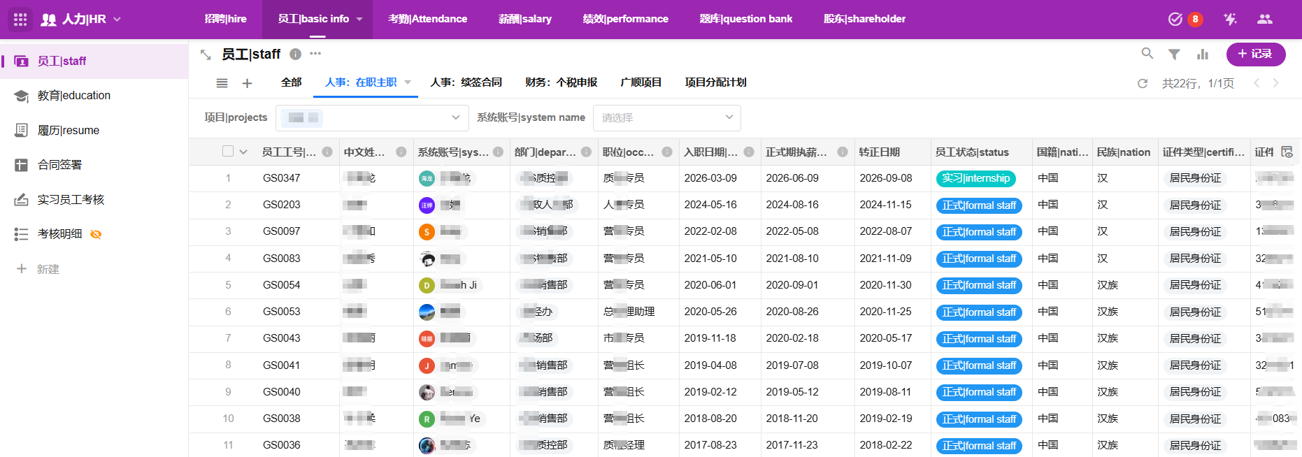 人力HR 实际系统截图